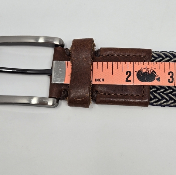TOMMY BAHAMA BRAIDED WOVEN STRETCH BELT BLUE & KHAKI BROWN LEATHER END MEN L/XL - Picture 11 of 12